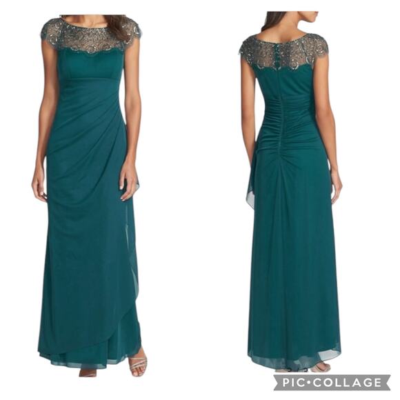 Xscape Xscape Women's Short Sleeve Beaded Illusion Neckline Ruched Gown 16 W - Picture 1 of 16